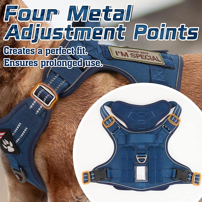 rabbitgoo Tactical Dog Harness for Large Dogs, No Pull Military Service Vest with Handle & Molle, Easy Control for Training Walking, Adjustable Reflective Straps, Blue, XL