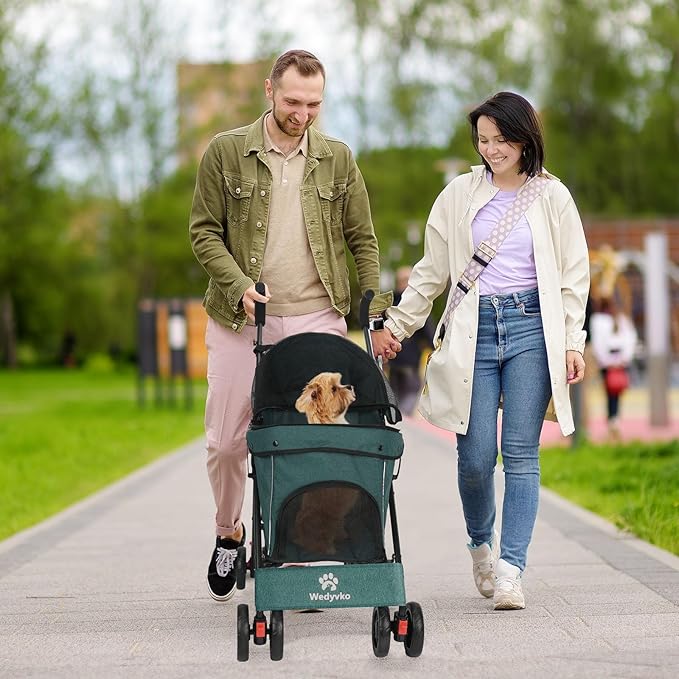 Umbrella Dog Stroller, 4 Wheels Pet Strolling, Foldable Carrier Pet Stroller for Small Dogs Cats, with Carrying Strap and Cup Holder, Dog Poop Bags & Dispenser, Up to 33 lbs, Dark Green