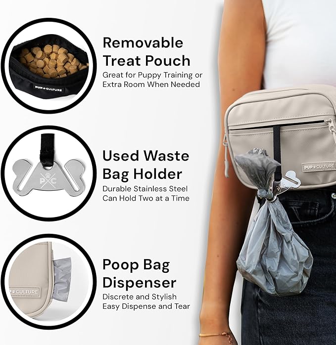 Pup Culture Cross Body Dog Training Treat Pouch | Removable for Anytime Puppy Training | Built-in Poop Bag Dispenser & Used Bag Holder | Stylish - Cream