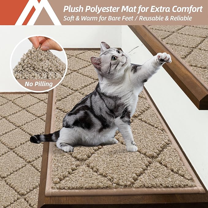 COSY HOMEER Edging Stair Treads Non-Slip Carpet Mat 28inX9in Indoor Stair Runners for Wooden Steps, Edging Stair Rugs for Kids and Dogs, 100% Polyester TPE Backing (15pc, Beige)