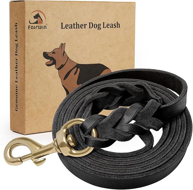 FAIRWIN Leather Dog Leash 6 Foot - Braided Military Grade Heavy Duty Dog Leash for Large Medium Small Dogs Training and Walking (Black, S:1/2" x 6ft)