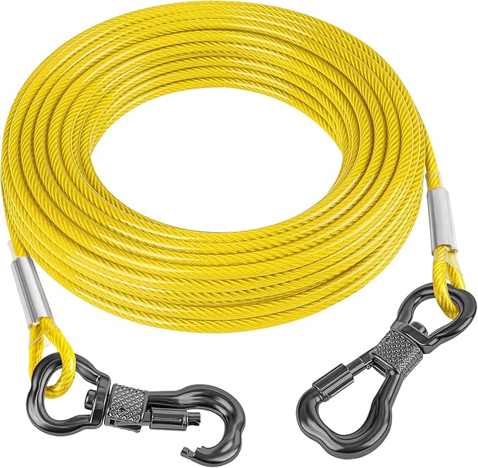 Tresbro 20FT Reflective Tie Out Cable for Dogs Up to 250 Pounds, Steel Wire Lead Leash Cable with Stainless Rotatable Buckle, Lightweight and Enduring, Dog Chains Outside for Outdoor, Yard, Yellow