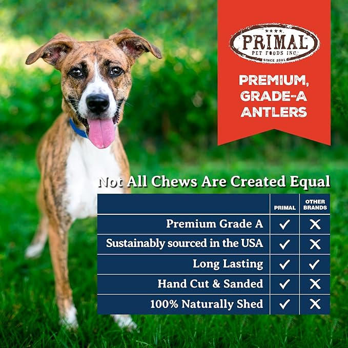 Primal Antlers for Dogs, Grade A Split Elk Antlers for Medium Canines 15-30 lb, Natural Chews for Aggressive Chewers, Naturally Shed, Long Lasting Dog Bones, 1 ct