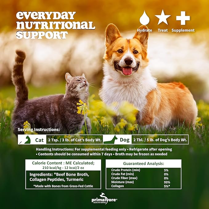 Primalvore Free-Range Bone Broth for Dogs &Cats, Mobility Formula w/Collagen Peptides to Help Support Hip & Joints, Digestion, Skin & Coat and Hydration, Human Grade, Made in USA. Chicken 6 Pack