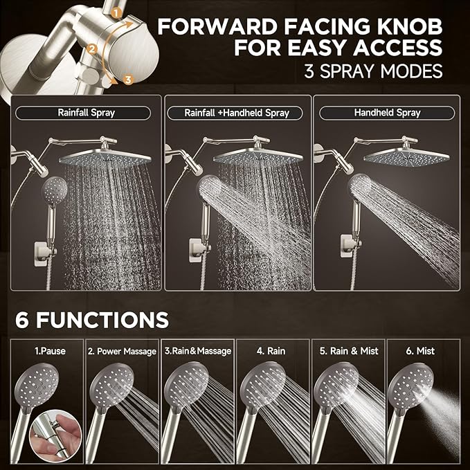 Veken Wide Rain Shower Head with 6 Modes Handheld Water Spray,High Pressure Showerhead Combo with Arm,Adjustable Dual Shower with Anti-Clog Nozzles, Brushed Nickel