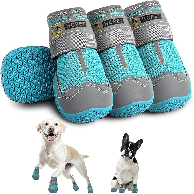 Hcpet Dog Shoes for Large Dogs, Breathable Dog Booties for Small Medium Dogs, Anti-Slip Dog Boots & Paw Protectors for Hot Pavement Winter Snow Hiking with Reflective Straps Blue Size 7