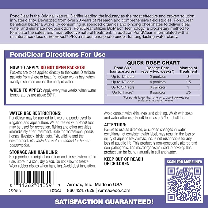Airmax PondClear Packets, Beneficial Bacteria & Enzyme Clarifier Treatment with Ecoboost PRx, Clear & Clean Pond & Lake Water, Safe for Fish, 24 Count