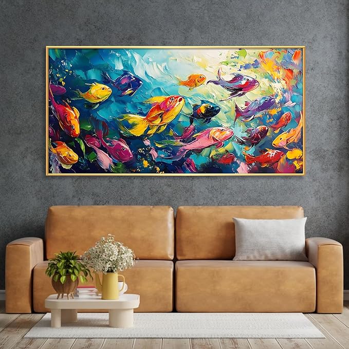 School of Fish Printed Canvas Wall Art – Framed Abstract Ocean Print – Vibrant Fish Wall Decor for Living Room, Bedroom, Office (Black Framed, 62"x31"|160x80cm)
