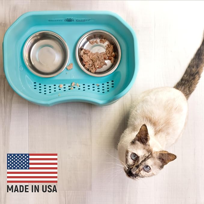 Neater Feeder Deluxe Mess Proof Cat Bowls Elevated for All Breeds – Made in USA – No Spill Raised Bowls for Indoor Cats – Stainless Steel Food and Water Bowl Set, Pet Dish Feeding Station, Aquamarine