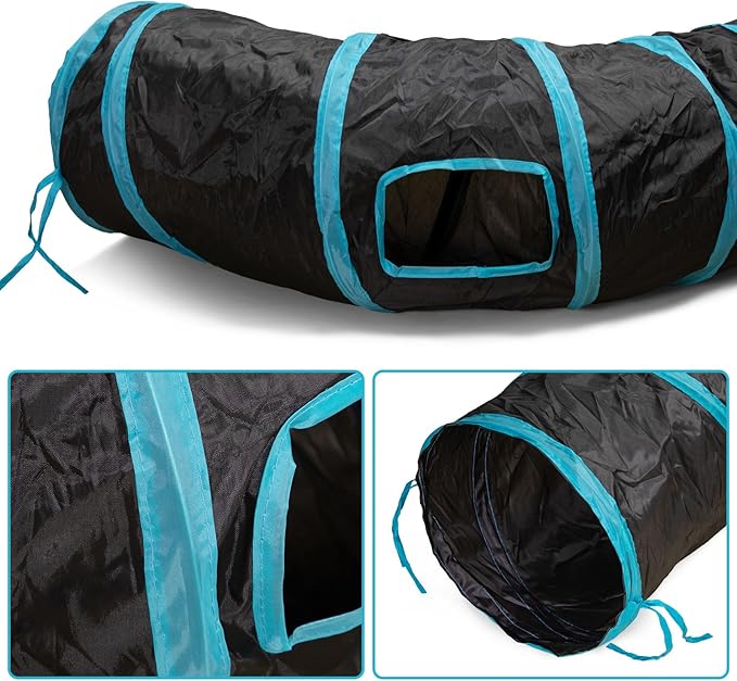Cat Tunnel, S-2-Way Cat Tunnels for Indoor Cats, Interactive Toy Maze Cat House, Foldable Cat Tubes and Tunnels for Cats Kittens, Puppies, Kitty, Kitten, Rabbit, Guinea Pigs (Blue & Black)