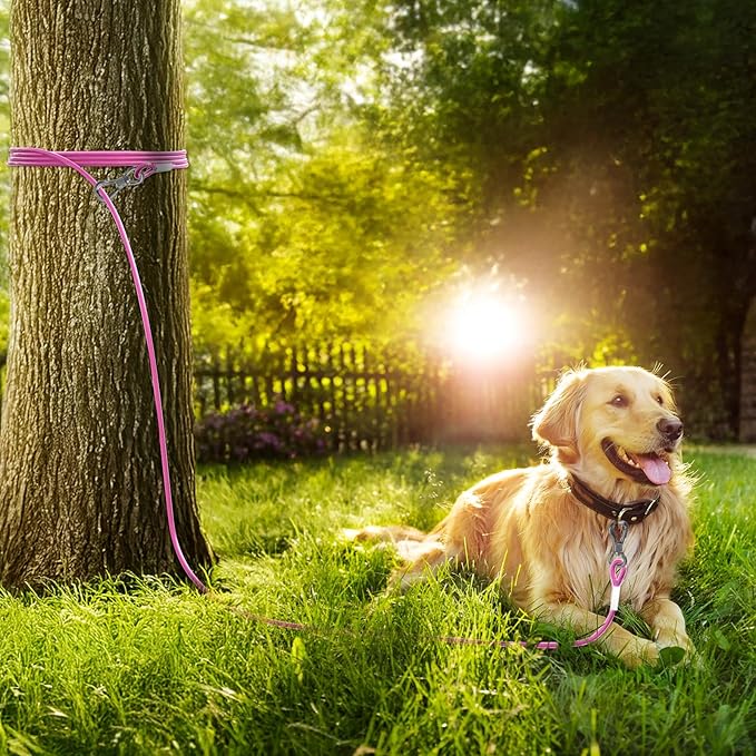 Tresbro 30FT Reflective Tie Out Cable for Dogs Up to 250 Pounds, Steel Wire Lead Leash Cable with Stainless Rotatable Buckle, Lightweight and Enduring, Dog Chains Outside for Outdoor, Yard, Pink