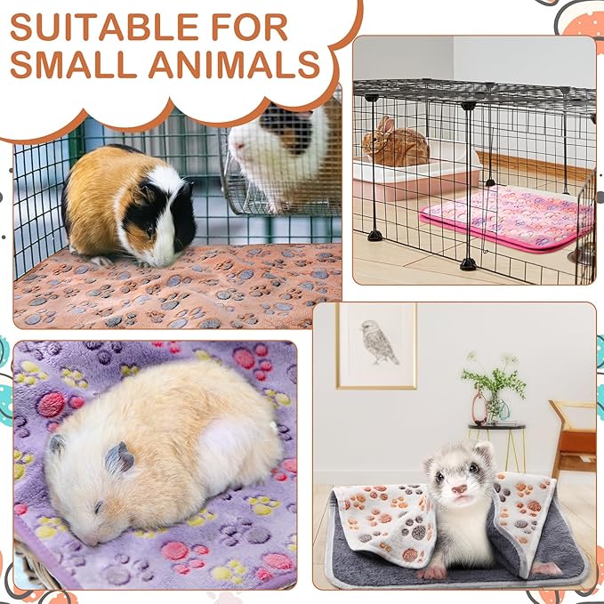 Reginary 4 Pcs Waterproof Guinea Pig Blankets Washable Small Animal Fleece Bedding Absorbent Guinea Pig Cage Liners Reusable Pet Pee Pad Sleep Mat for Hamster Ferret(Paw Print,24 x 47 Inch)