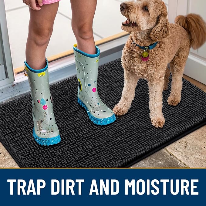 Smiry Dog Door Mat for Muddy Paws 71x46, Absorbs Moisture and Dirt Doormat, Non-Slip Washable Quick Dry Chenille Front Door Mat Indoor Entrance, Entryway Carpet for Inside Floor, Black