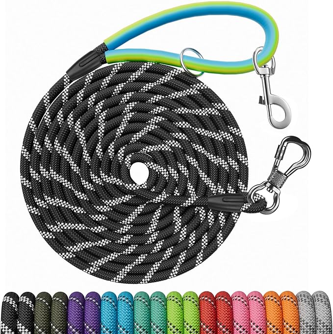NTR Dog Training Leash, 20FT Puppy Check Cord Rope Lead, with 2 Swivel Hooks, Reflective Threads and Soft Handle, Puppy Leash for Walking, Hunting, Camping for Small Medium and Large Dogs-Black