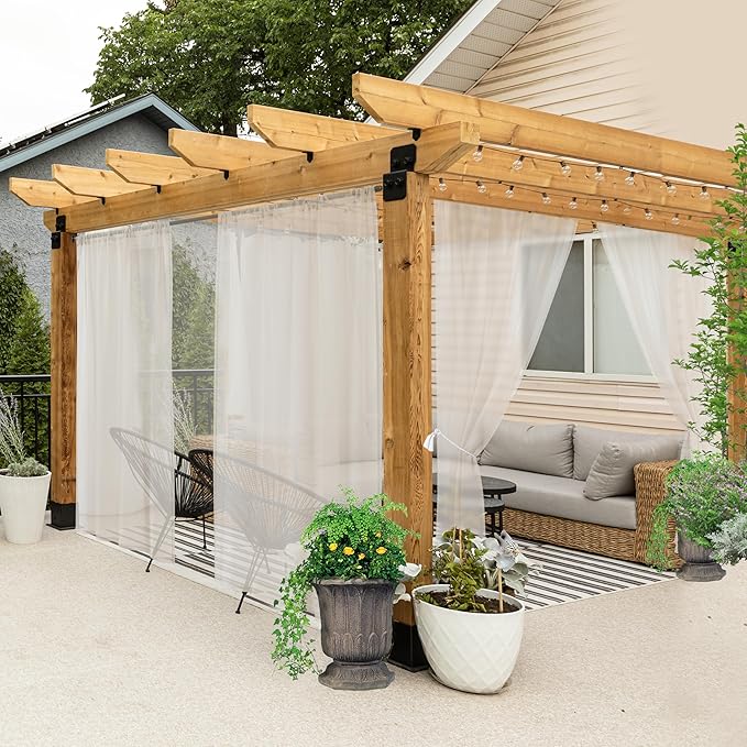 All Weather Outdoor Sheer Curtains for Patio 6 Pcs Rod Pocket Beige Volie Sheer Outdoor Curtains for Porch, Balcony, Gazebo, Pergolas,Cabana,54x84 Inch