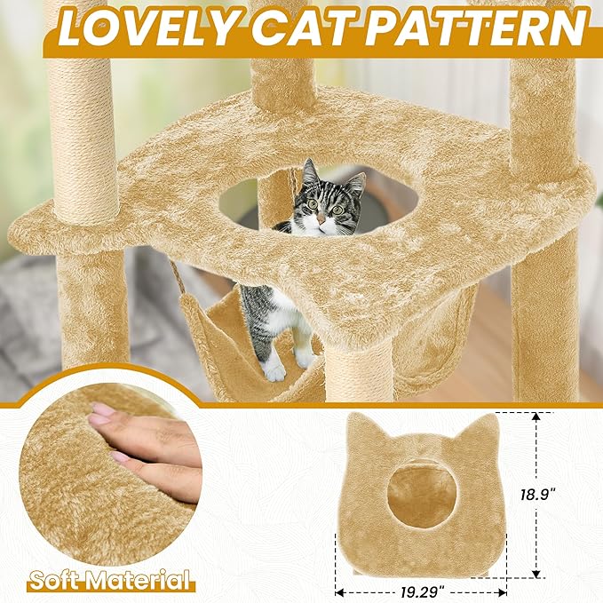 55 Inch Large Cat Tree Tower for Indoor Cats with Hammock Green Leaves Sisal Scratching Post, Plush Hang Ball Play Furniture for Kittens & Adult Cats, New Beige