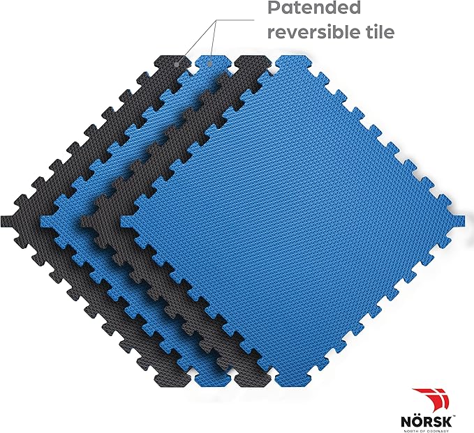Norsk Reversible Gym Exercise Mats 3/4" Thick EVA Interlocking Foam Tiles, Perfect Gym Flooring for Home Gym, 16 Tiles & 32 Trim Pieces, 64 Sq. Ft. Reversible, Dazzling Blue/Black
