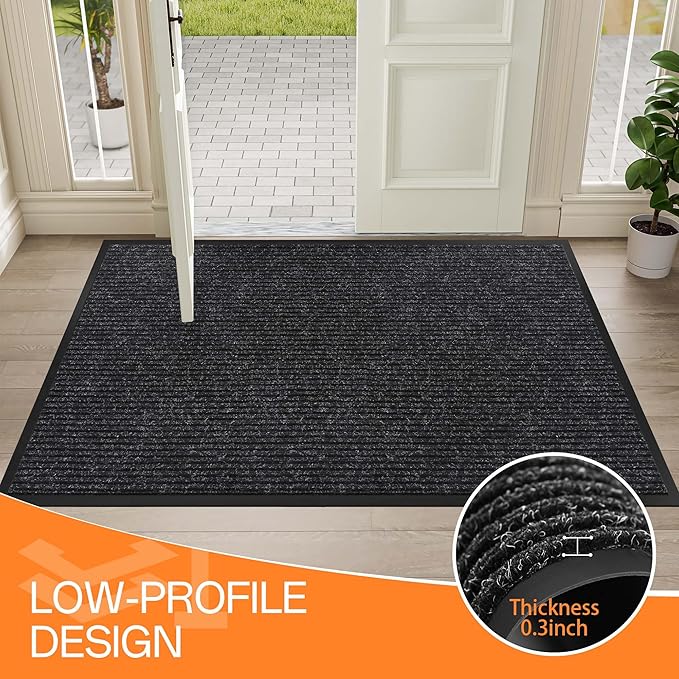 Indoor Outdoor Door Mat, 5' x 3' Doormat for Entryway, Rubber Backing Non Slip Front Door Mat Outside Entrance, Super Absorbent Commercial Floor Mat for Home Office, Black