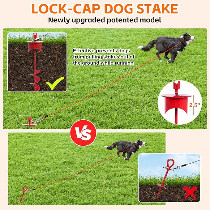 Snagle Paw Dog Tie Out Cable & Stake with Lock Cap - 20ft Heavy Duty Rust Proof Cable, 360° Swivel Dog Yard Leash & Stake Up to 220 lbs - Ground Anchor for Yard, Beach, Camping & Outdoor Use