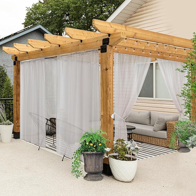 HolidayIdeas All Weather Outdoor Patio Curtains 6 Pcs Linen Look Rod Pocket Sheer Outdoor Curtains for Porch, Balcony, Gazebo, Pergolas,Cabana,Cloud Grey, 54x108 Inch, 6 Pcs