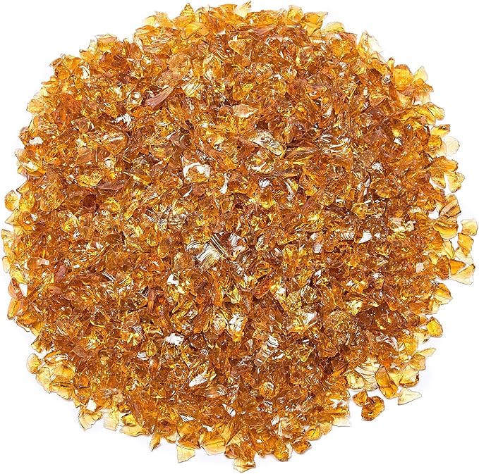 TWINKLING High Luster Fire Glass Gravel Stone Glitter,Broken Glass,Fire Gems Chips,Crushed Glass for Fire Pit Crafts Resin Art Aquarium Garden Decoration,3-6mm,1-Pound Jar (Deep Amber)