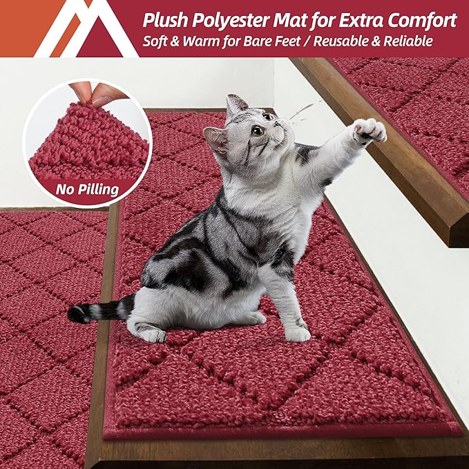 COSY HOMEER Edging Stair Treads Non-Slip Carpet Mat 28inX9in Indoor Stair Runners for Wooden Steps, Edging Stair Rugs for Kids and Dogs, 100% Polyester TPE Backing (10pc, Red)