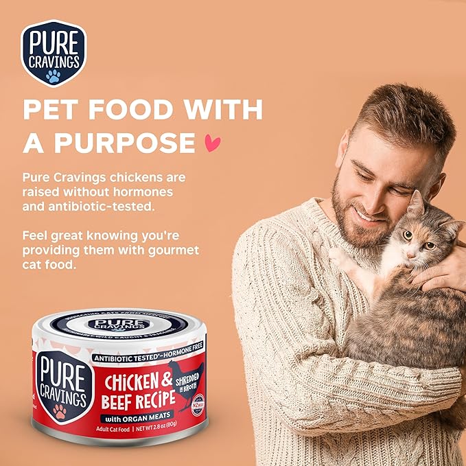 Chicken and Beef Recipe in Broth, Shredded Wet Cat Food, Grain-Free Protein, Non-GMO, 12 Pack