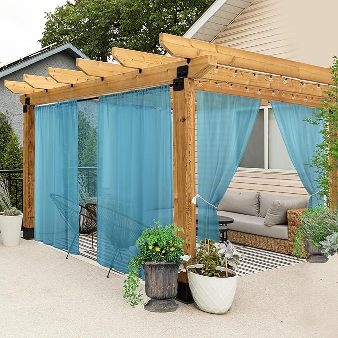 HolidayIdeas All Weather Outdoor Patio Curtains 6 Pcs Linen Look Rod Pocket Sheer Outdoor Curtains for Pool Side, Porch, Balcony, Pergolas,Cabana, Aqua,54x108 Inch