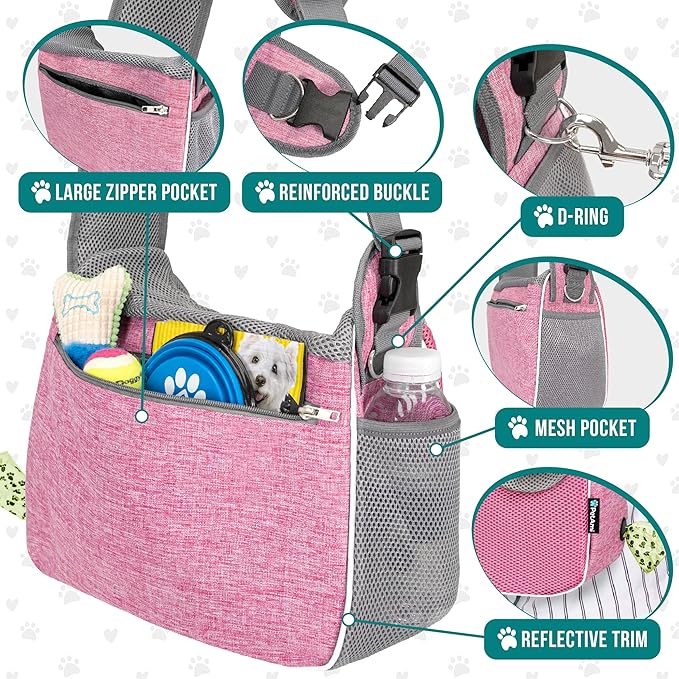 PetAmi Small Dog Sling Carrier, Soft-Sided Crossbody Puppy Carrying Purse Bag, Adjustable Sling Pet Pouch to Wear Medium Dog Cat Travel, Dog Bag for Traveling, Poop Bag Dispenser, Max 10 lbs, Pink