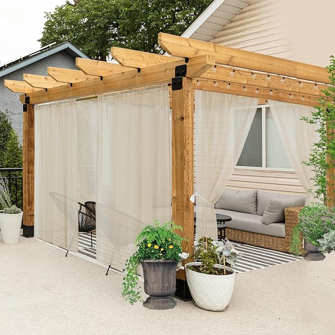 HolidayIdeas All Weather Outdoor Patio Sheer Curtains 6 Pcs Linen Look Rod Pocket Sheer Outdoor Curtains for Porch, Balcony, Gazebo, Pergolas, Cabana, Linen, 54x120 Inch
