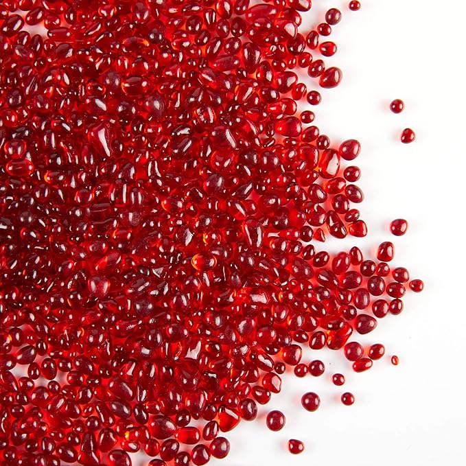 TWINKLING High Luster Round Fire Glass Stones, Marbles, Pebbles, Beads Gems for Fire Pit, Vase Fillers, Crafts, Aquarium Garden Decoration, 3-6mm, 1-Pound Jar (Red)