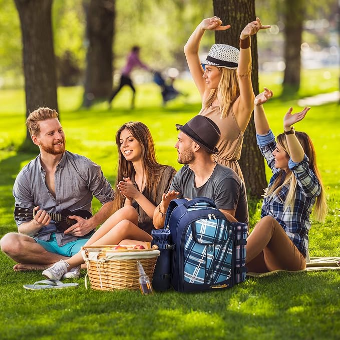 Apollo walker Picnic Backpack Set for 4 with Cooler Compartment,Detachable Bottle/Wine Holder Including Large Picnic Blanket(45"x 53") for Picnic Family and Lovers Gifts,Outdoor,BBQ Time (Blue)
