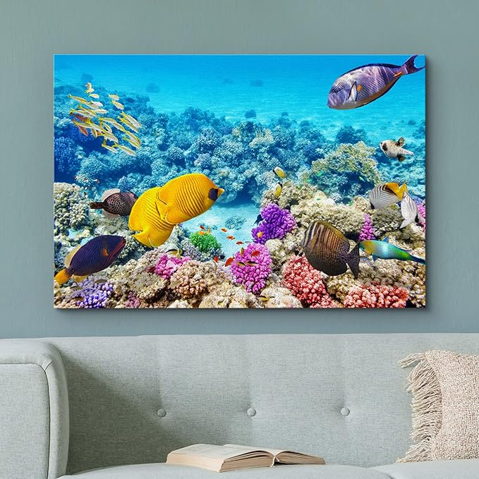 wall26 Canvas Print Wall Art Vibrant Teal Underwater Fish Coral Reef Nature Animals Photography Realism Rustic Scenic Landscape Wilderness Earth Colorful for Living Room, Bedroom, Office - 12"x18"