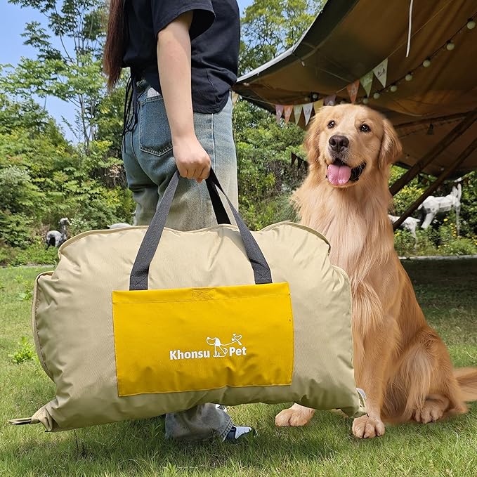 Portable Waterproof Dog Mat for Camping, Patio & Travel - Foldable Outdoor Dog Bed with Teflon Shell & Removable Plush Pad - Easy Clean, Durable - L (Bright Orange)
