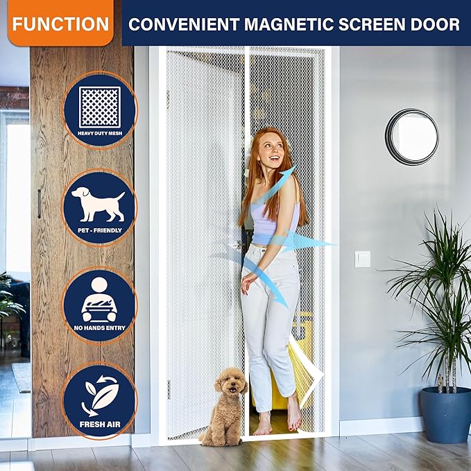Magnetic Screen Door，Screen Door Mesh，Keep Bugs Out, Heavy-Duty Mesh Curtain,Pet and Kid Friendly, Works with Front Doors, Sliding Doors（47x80 Inch White