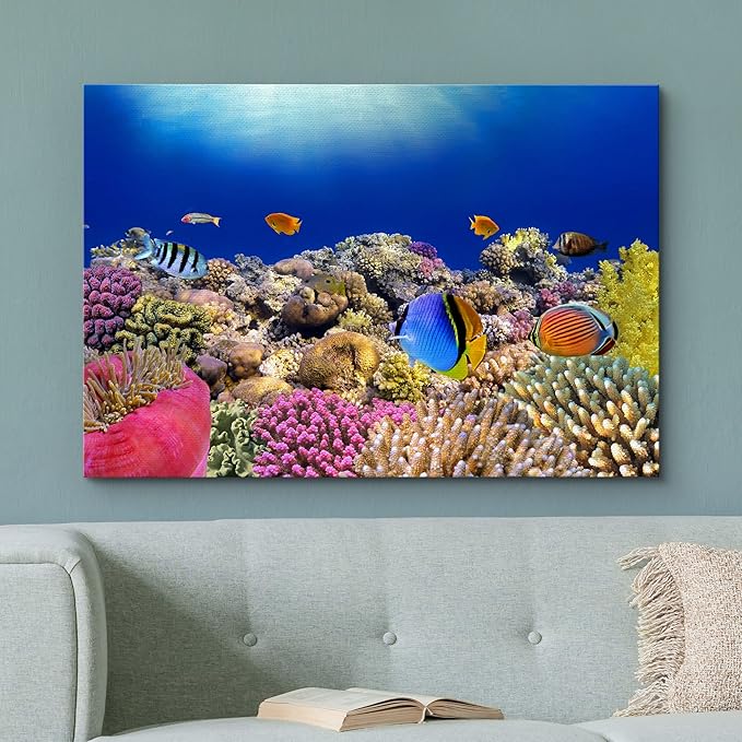wall26 Canvas Print Wall Art Vibrant Coral Reef Anemone Fish Ecosystem Nature Animals Photography Realism Rustic Scenic Landscape Wilderness Earth Colorful for Living Room, Bedroom, Office - 24"x36"