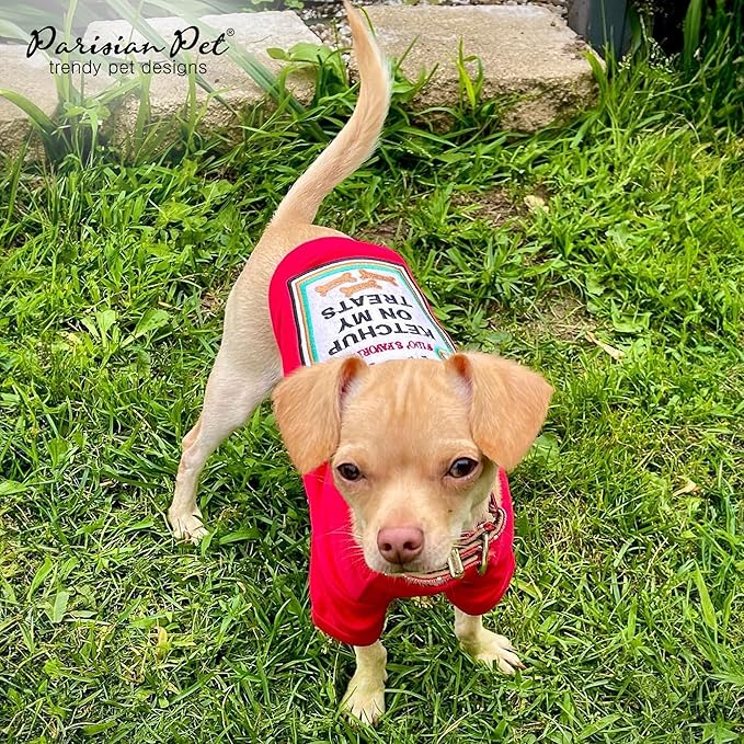 Parisian Pet Dog Shirt - Embroidered “I Put Ketchup on My Treats“ - 100% Cotton and Polyester Dog Clothes - Sleeved, Lightweight Costume for Dogs - Red Dog Shirts for Medium Dogs - Pet Costumes - M