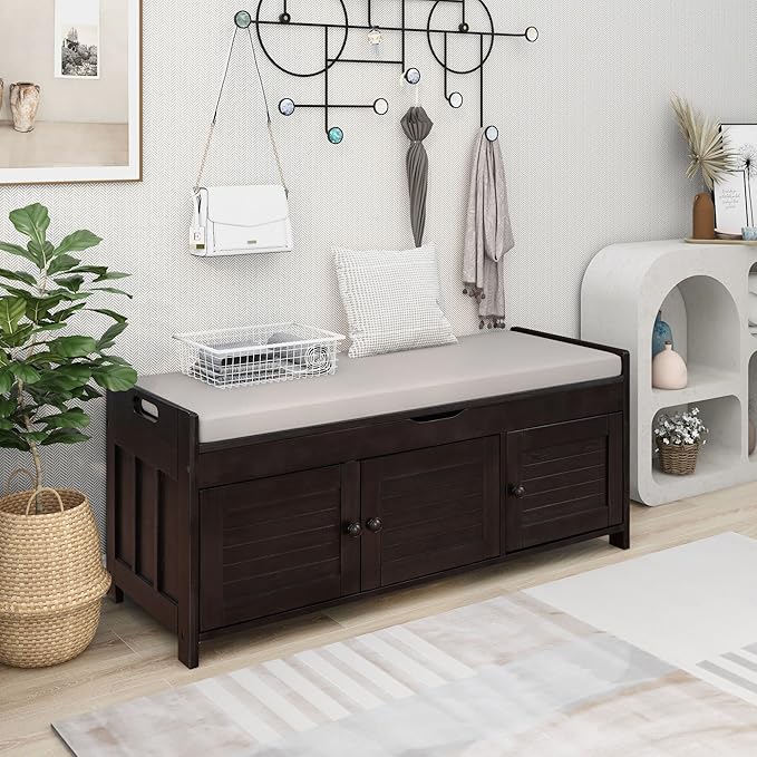 Shoe Storage Bench with 3 Shutter-Shaped Doors, Pine Wood Shoe Bench with Removable Cushion and Hidden Storage Space for Living Room, Entryway 43.5" L x 16" W x 18" H Espresso