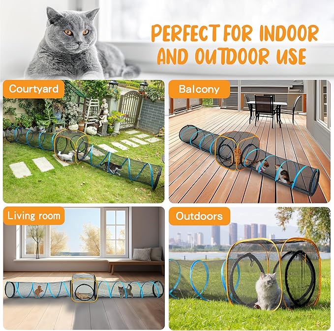 Cat Play Tunnel + Cube(with Three Ways) for Indoor and Outdoor, Kitty Play House, Cat Enclosures, Collapsible Kitty Tent, Kitten Toys Easy to Connect with Kitty Tent（2 Tunnels + Cube ）