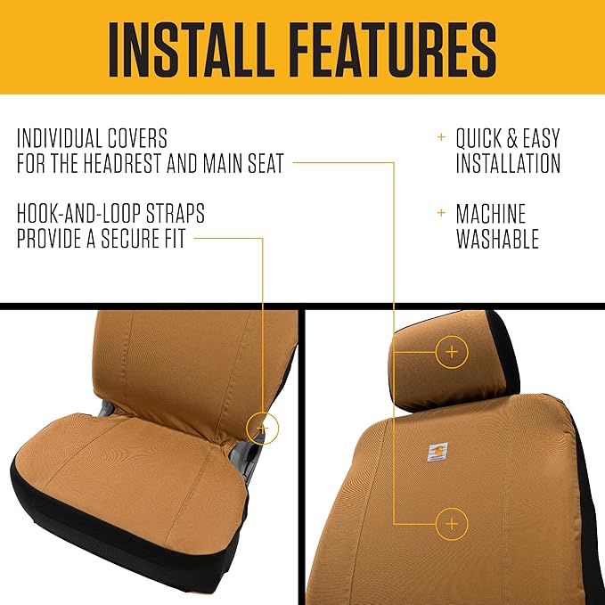 Carhartt Universal Nylon Duck Canvas Fitted Bucket Seat Cover, Durable Seat Protection with Rain Defender, Single, Black