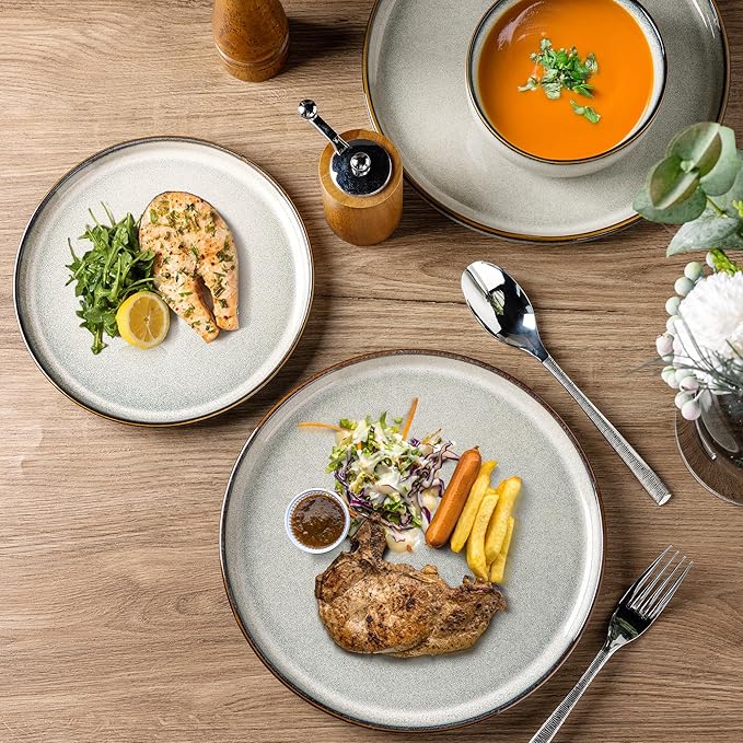 GBHOME Ceramic Dinnerware Sets for 6, 18 Pieces Stoneware Plates and Bowls Sets, Reactive Glaze Dishes -Scratch Resistant, Dishwasher&Microwave Safe, Green Wheat