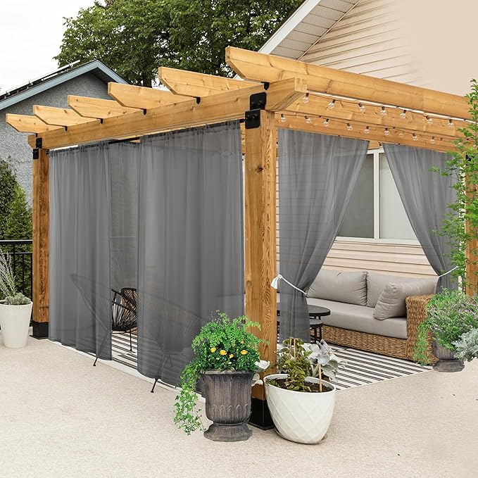 HolidayIdeas All Weather Outdoor Patio Curtains 6 Pcs Linen Look Rod Pocket Grey Sheer Outdoor Curtains for Porch, Balcony, Gazebo, Pergolas, Cabana,54x84 Inch