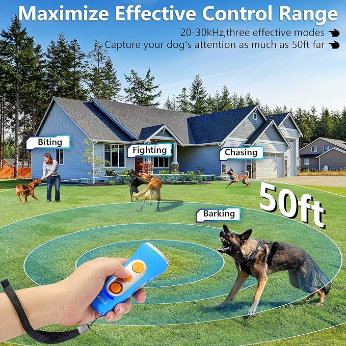 MODUS 2025New Anti Barking Device, 4X Ultrasonic Emitters Dog Bark Deterrent Device, Rechargeable Dog Barking Control Devices with 50ft Range Dog Training Tool, Alternative to Dog Shock Collar (Blue)