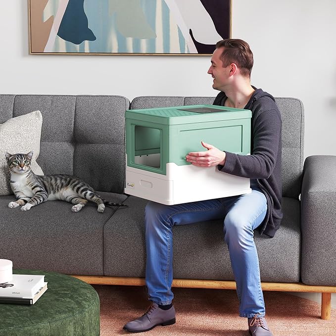 PawHut Fully Enclosed Litter Box with Scoop, Hooded Litter House with Drawer Tray, Foldable Smell Proof Cat Potty with Front Entry, Top Exit, Portable Pet Toilet with Large Space, Green