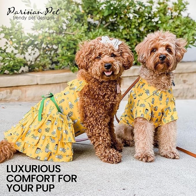 Parisian Pet Cactus Cap Beach Outfit - 100% Cotton Summer Clothes - Stylish Dog Costume - Breathable & Cool - Machine Washable - Medium Dog Shirts