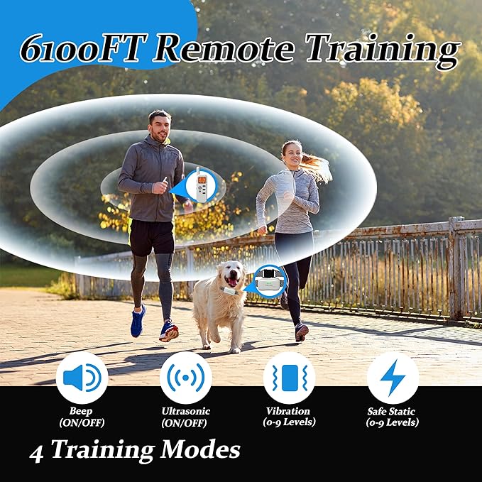 Wireless Dog Fence & Ultrasonic Training Collar -1160-Yard Adjustable Boundary for Outdoor, 6100FT Remote, 4 Modes (Beep/Vibration/Static/Ultrasonic), IPX7 Waterproof, 185-Day Standby, Grey