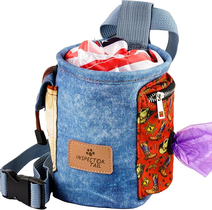 INSPECTOR TAIL Dog Treat Pouch w Cord Closure to Prevent Spills | 2 Cup Size | Hands Free - 4 Ways to Wear Tote | Pockets for Snacks Toys Poop Bags Keys Cards | Pet Training Walking & Rewarding Holder