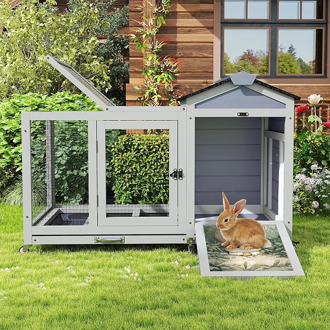 COZIWOW 39inches Assembled Wood Rabbit Hutch Indoor，Wide Space Small Animal Houses with Removable Tray&Safety Lock，Bunny Cage with Waterproof Roof&Solar Panels (Grey with Pattern)